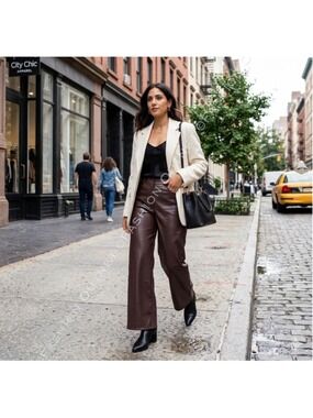 Miss Selfridge Faux Leather wide leg pants trousers high waisted brown Sz US 12P